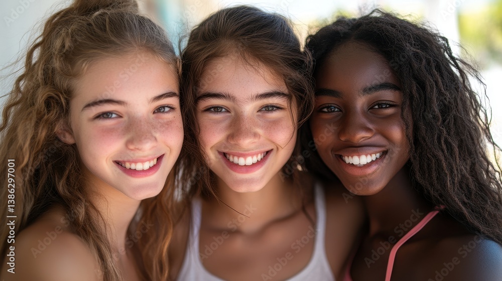 Group of smiling friends enjoying a sunny day outdoors at a lively location with bright skies and cheerful expressions Group of smiling friends enjoying a sunny day outdoors at a lively location with bright skies and cheerful expressions