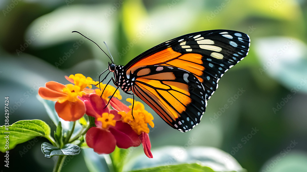 Monarch Butterfly Perched on Red and Orange Flowers with Green Leaves in a Natural Outdoor Setting Monarch Butterfly Perched on Red and Orange Flowers with Green Leaves in a Natural Outdoor Setting