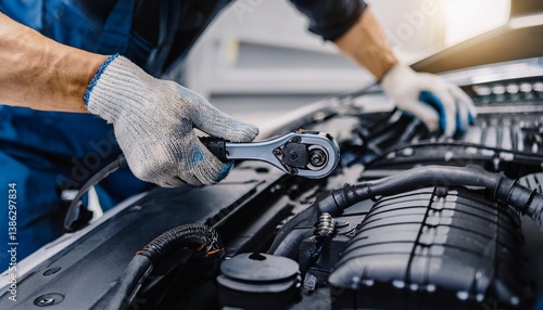 A mechanic working with tools on the car bonnet