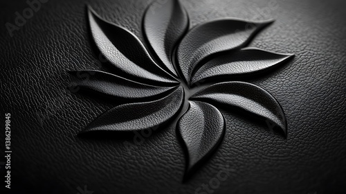 Minimalist white logo embossed on deep black leather, soft diffused lighting, elegant branding, luxury aesthetic, macro shot