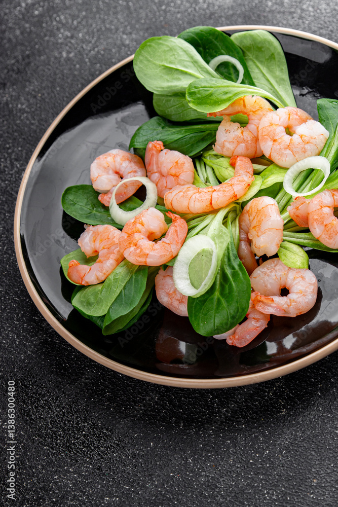 Shrimp salad seafood dish fresh gourmet food background on table rustic food top view copy space Shrimp salad seafood dish fresh gourmet food background on table rustic food top view copy space