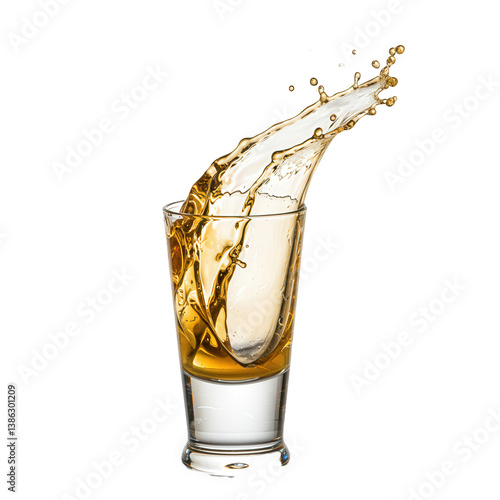 Golden liquid splashes dynamically into a narrow glass.