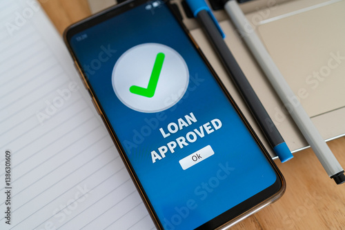 Loan approval notification on smartphone banking app. Concept of credit approved.