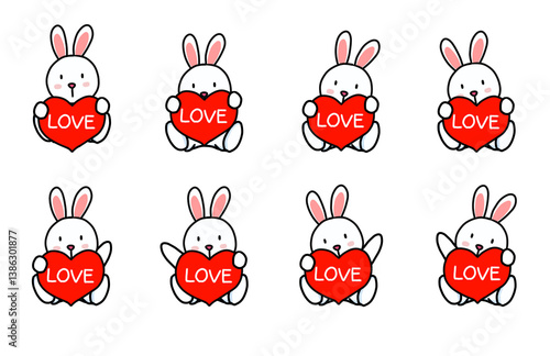 Loveと書かれた赤いハートマークを両手で掲げている、かわいい子ウサギの手描きイラスト8枚セット