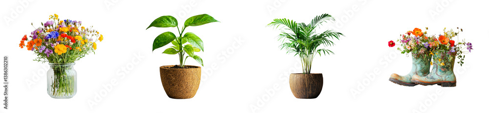 Fototapeta premium Vibrant floral arrangements and lush green potted plants in unique containers. Set png cut out