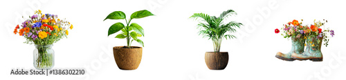 Wallpaper Mural Vibrant floral arrangements and lush green potted plants in unique containers. Set png cut out Torontodigital.ca
