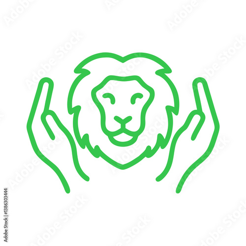Wildlife Conservation concept, lion head protected by hands, icon, vector