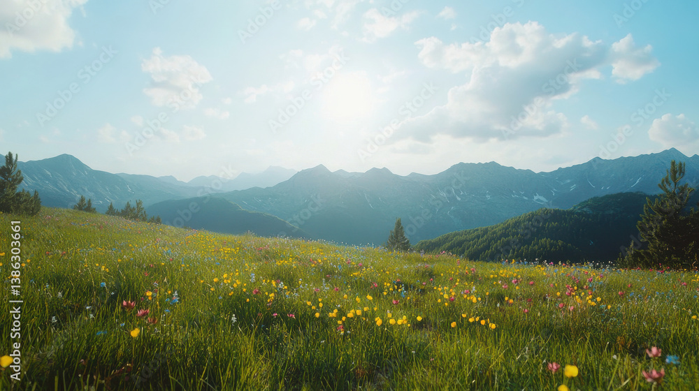 Scenic landscape with gentle grassy slopes and isolated evergreen trees, low angle view across a vibrant wildflower field with yellow and pink blossoms, soft clouds drifting over distant alpine peak