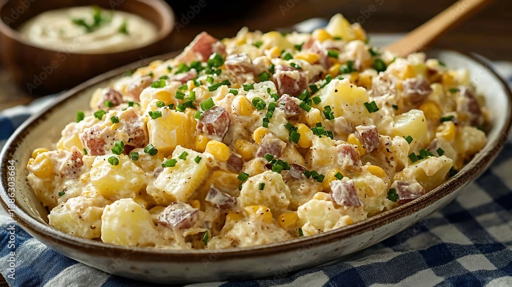 Creamy potato salad with ham, corn, and chives. Creamy potato salad with ham, corn, and chives.