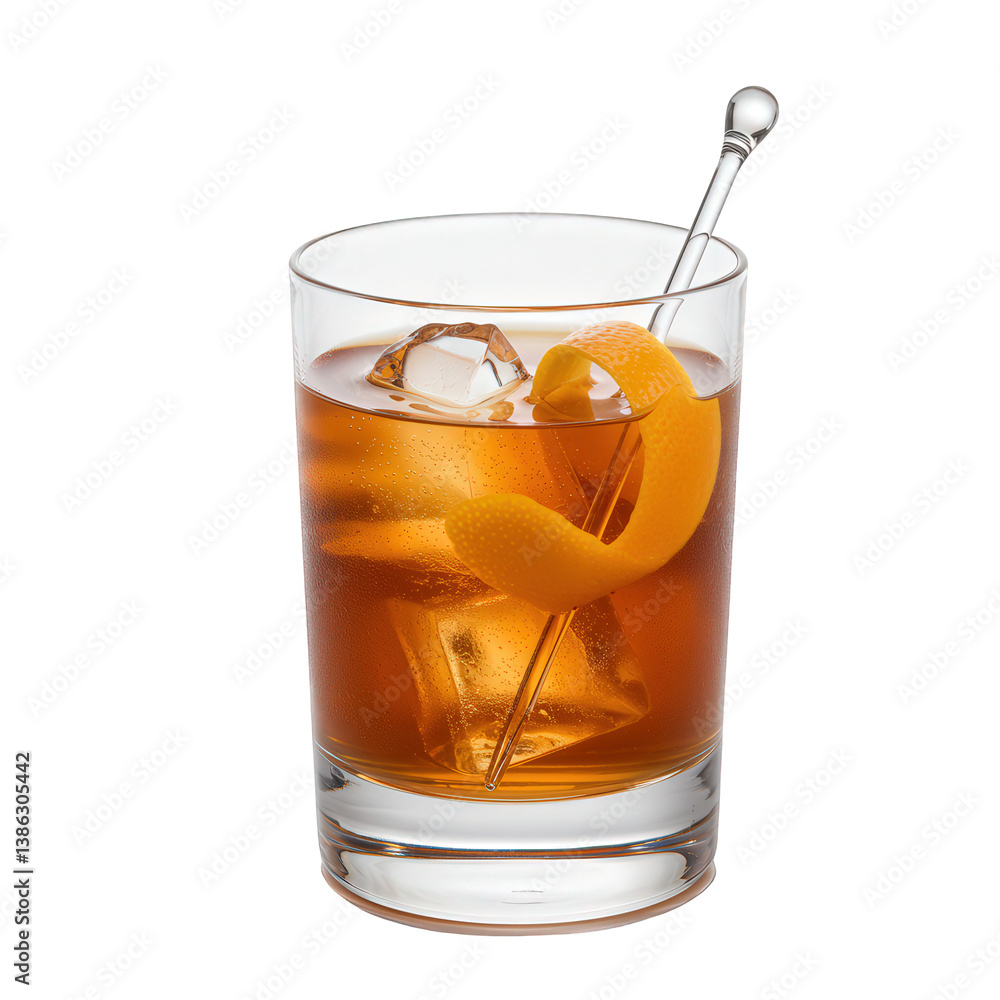 Iced amber cocktail with an orange peel garnish. Iced amber cocktail with an orange peel garnish.