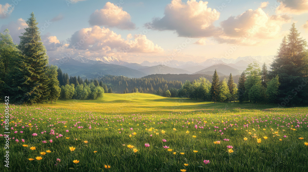 Scenic landscape with gentle grassy slopes and isolated evergreen trees, low angle view across a vibrant wildflower field with yellow and pink blossoms, soft clouds drifting over distant alpine peak