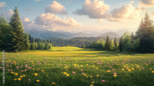 Obraz na płótnie Scenic landscape with gentle grassy slopes and isolated evergreen trees, low angle view across a vibrant wildflower field with yellow and pink blossoms, soft clouds drifting over distant alpine peak w salonie