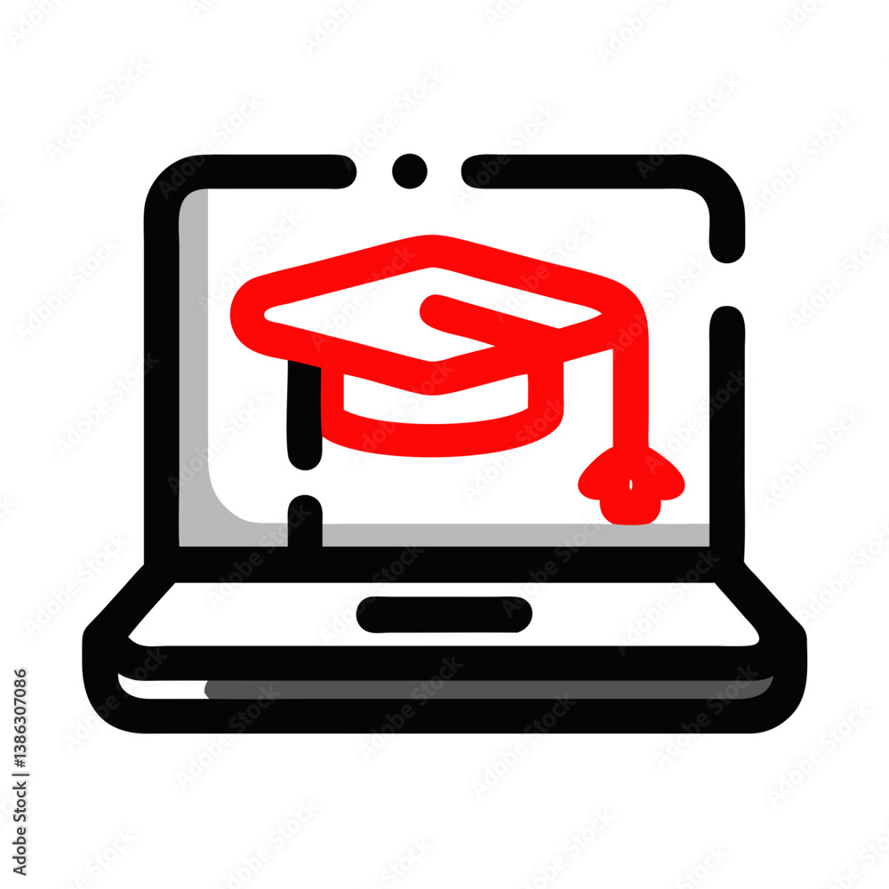 Online course icon representing education with a graduation cap on a laptop screen - education icon Online course icon representing education with a graduation cap on a laptop screen - education icon
