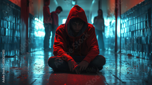 Teenage boy sitting on floor in school hallway, face hidden under hoodie, depression, bullying, incel, child, teenager, kids, schoolboy