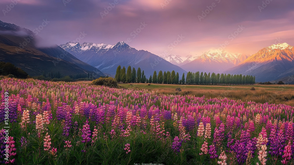 Obraz premium Serene open countryside with a blanket of colorful wildflowers in the foreground, undulating hills with tree rows cutting across the horizon, misty snow-capped peaks in the distance