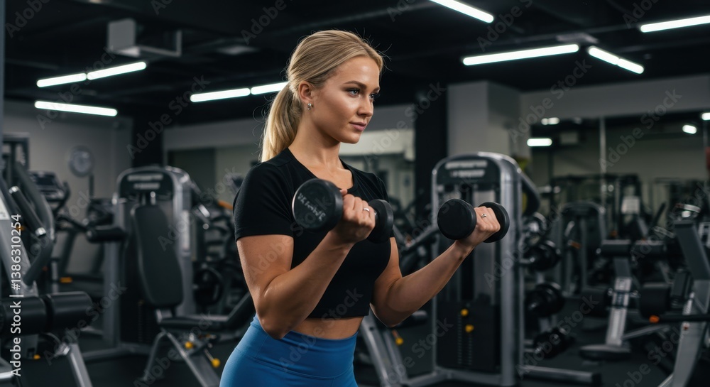 Obraz premium Blonde Woman Performing Bicep Curls in a Modern Gym