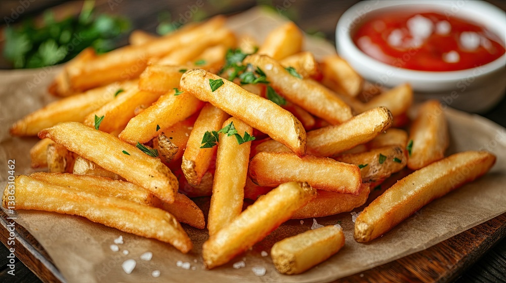Golden Brown French Fries with Parsley and Salt, Presented as a Perfectly Cooked Side Dish Golden Brown French Fries with Parsley and Salt, Presented as a Perfectly Cooked Side Dish