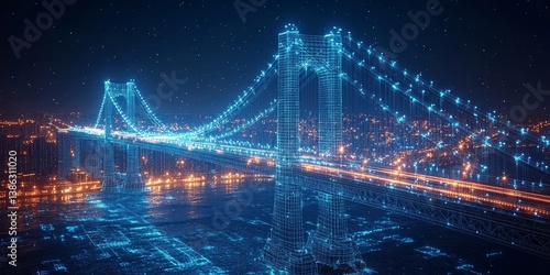 Futuristic digital wireframe of suspension bridge at night with glowing city lights