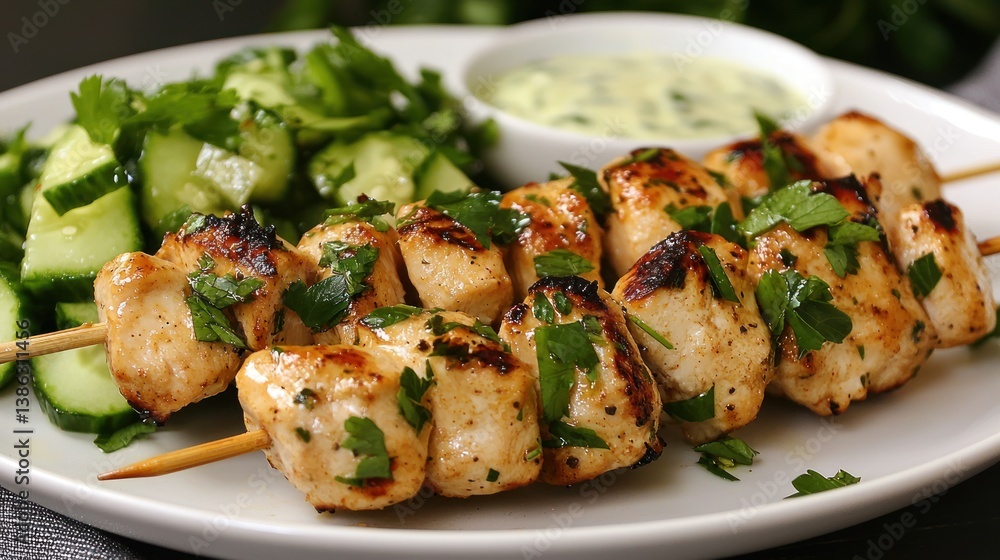 A colorful low-carb meal featuring grilled chicken skewers served alongside a fresh cucumber salad, topped with a light yogurt dressing, beautifully arranged to showcase its vibrant ingredients and he A colorful low-carb meal featuring grilled chicken skewers served alongside a fresh cucumber salad, topped with a light yogurt dressing, beautifully arranged to showcase its vibrant ingredients and he