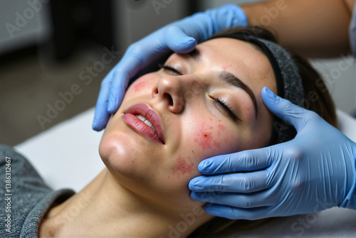 Woman Receiving Facial Treatment for Acne Skin Care at Spa