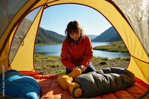 Woman Camping by a Scenic Lake Setting Up Sleeping Bag in Tent