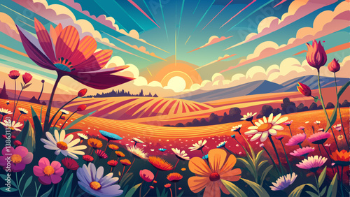 Vintage landscape nature background of beautiful cosmos flower field on sky with sunlight in autumn. retro color tone filter effect