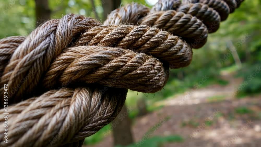 Close up of braided rope tied securely in a forest during daylight shows intricacy of craftsmanship and connection to nature Close up of braided rope tied securely in a forest during daylight shows intricacy of craftsmanship and connection to nature