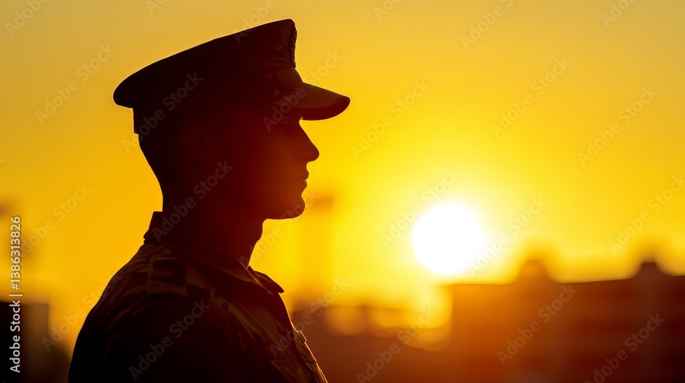 Silhouette of military man at sunset: male caucasian adult soldier in uniform