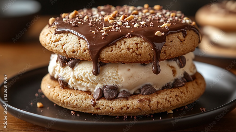 Delicious ice cream sandwich with chocolate and nuts. Delicious ice cream sandwich with chocolate and nuts.
