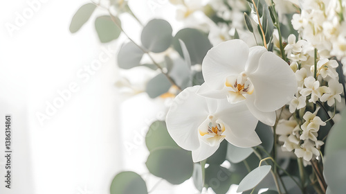 A modern and clean floral arrangement with orchids and eucalyptus, crafted with minimalist principles for an elegant and chic appearance.