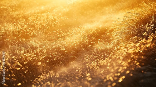 Ultra detailed high resolution image of golden wheat field sunset warm cinematic glow intricate texture of individual grain photorealistic depth perfect symmetry soft natural lighting gentle wind