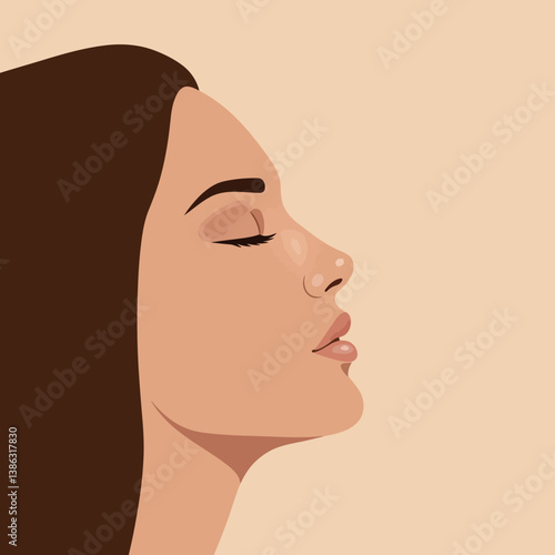 Profile view of a serene woman with long hair in minimalistic flat vector illustration