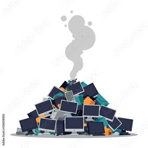 Pile of discarded computer monitors and electronic waste in flat vector art