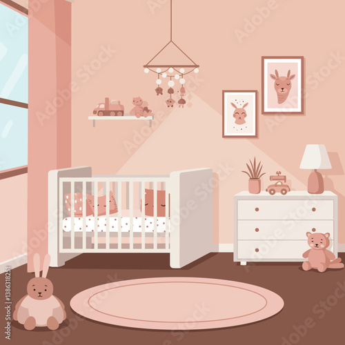 Cozy nursery room featuring a crib, soft toys, and gentle decor in a minimal style vector illustration