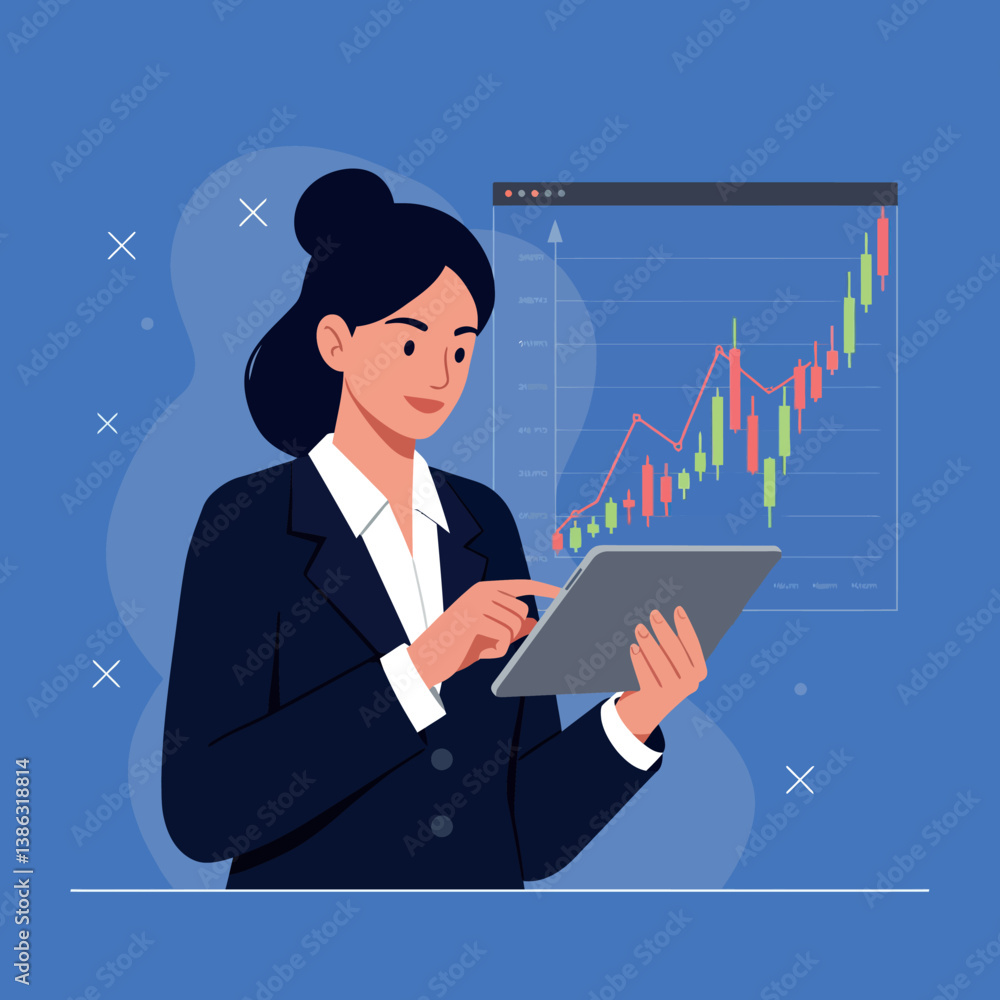 Businesswoman analyzing financial data on a tablet in flat vector art Businesswoman analyzing financial data on a tablet in flat vector art