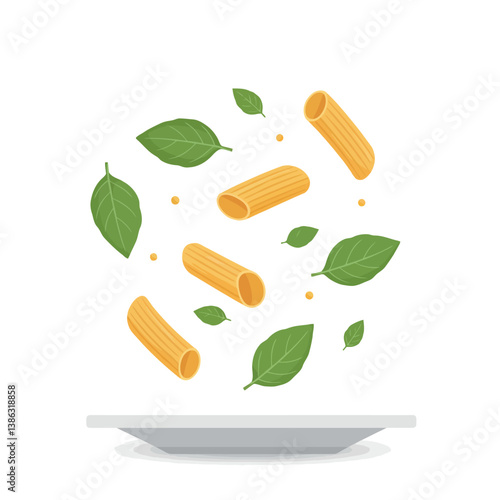 Pasta tubes and fresh green basil leaves floating above a white plate in a minimal vector illustration