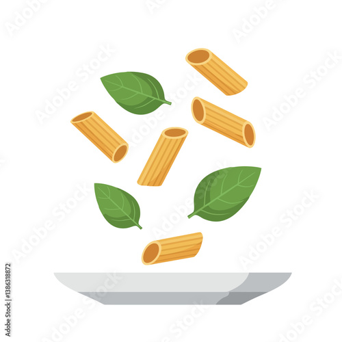 Pasta rigatoni and fresh basil leaves floating above a white plate in flat vector art