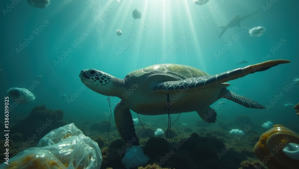 Fototapeta premium Contaminación marítima. Tortuga nadando entre la basura de un mar contaminado por bolsas y botellas. 