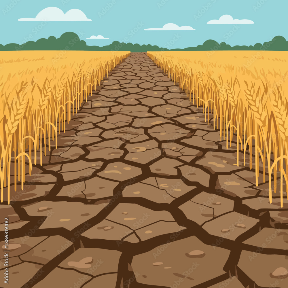 Fototapeta premium Dry cracked earth pathway through golden wheat fields in flat vector art