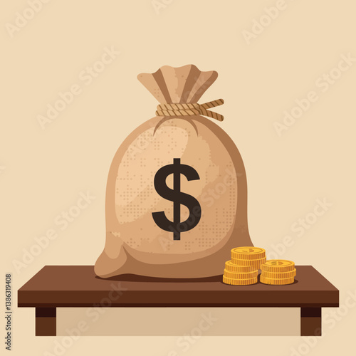 Money bag overflowing with coins on a wooden table in flat vector art