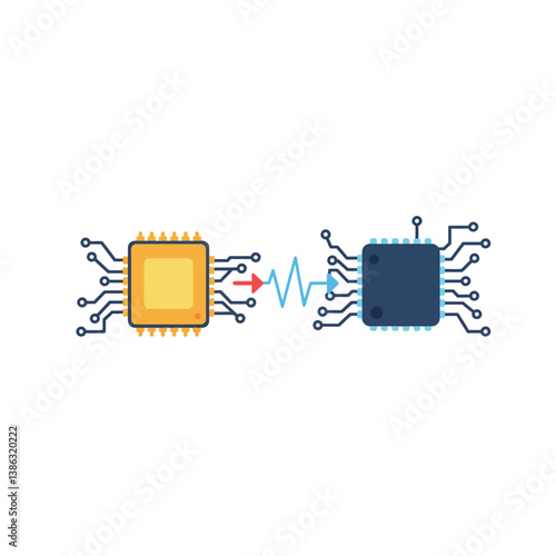 Two computer chips connected by a signal line in a flat vector illustration