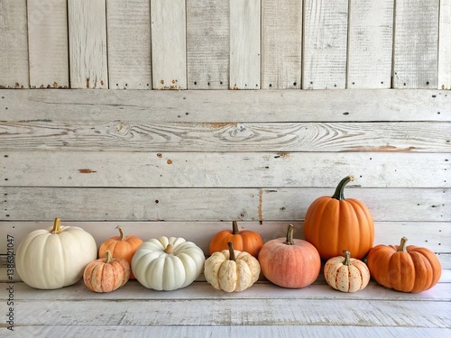 Rustic Pumpkin Display on White Wood Backdrop – Fall Farmhouse Decor Inspiration

