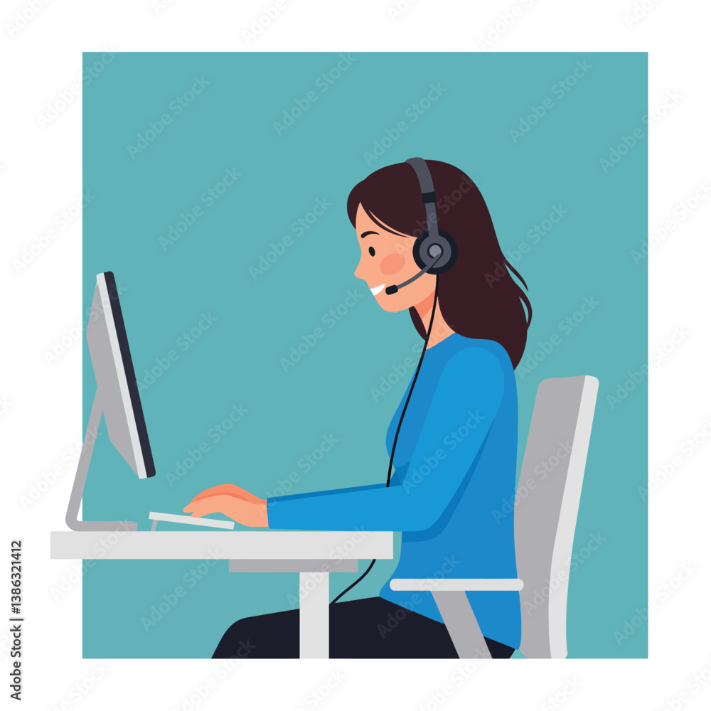 Woman wearing headset working on computer in flat design vector art Woman wearing headset working on computer in flat design vector art