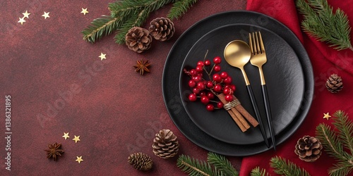 Elegant Christmas Table Setting with Black Plates, Gold Cutlery, and Holiday Decor

