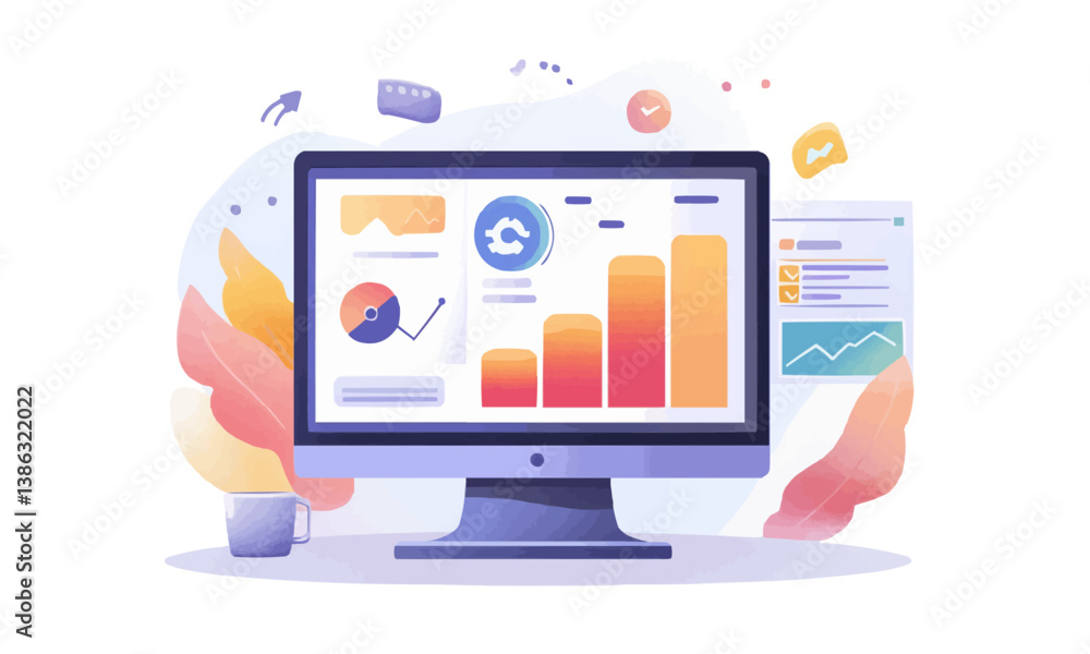 Computer screen displaying colorful graphs, charts, and data analytics visuals. Computer screen displaying colorful graphs, charts, and data analytics visuals.