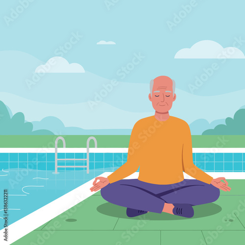 An elderly man meditating by a tranquil pool in a flat vector illustration