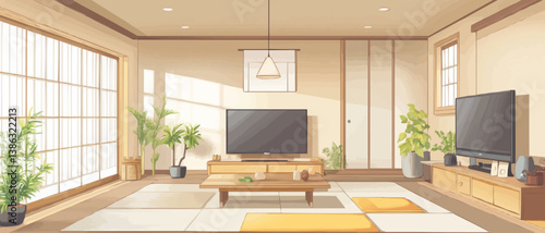 A Japanese style illustration of a modern living room with traditional elements