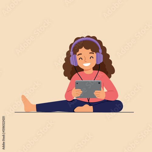Girl with curly hair enjoying a tablet while sitting on the floor, minimal vector art