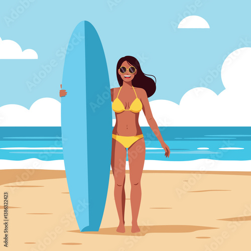 Young woman in a yellow bikini holding a surfboard on the beach in flat vector art