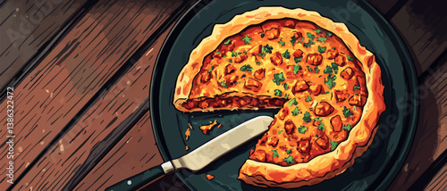 Pizza on dark plate, one slice removed, knife beside it.
